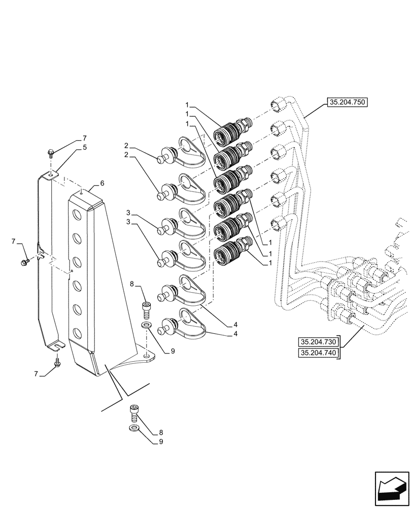 Схема запчастей Case IH FARMALL 110CL - (35.204.760) - VAR - 743970, 759021 - MID-MOUNT CONTROL VALVE, DUST CAP, SUPPORT, CAB (35) - HYDRAULIC SYSTEMS