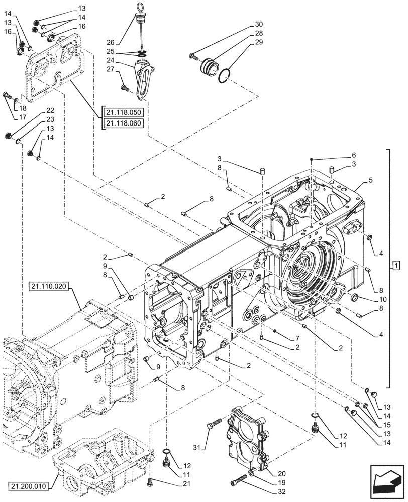 Схема запчастей Case IH FARMALL 110CL - (21.118.020) - TRANSMISSION, HOUSING, POWERSHUTTLE, 4WD (21) - TRANSMISSION