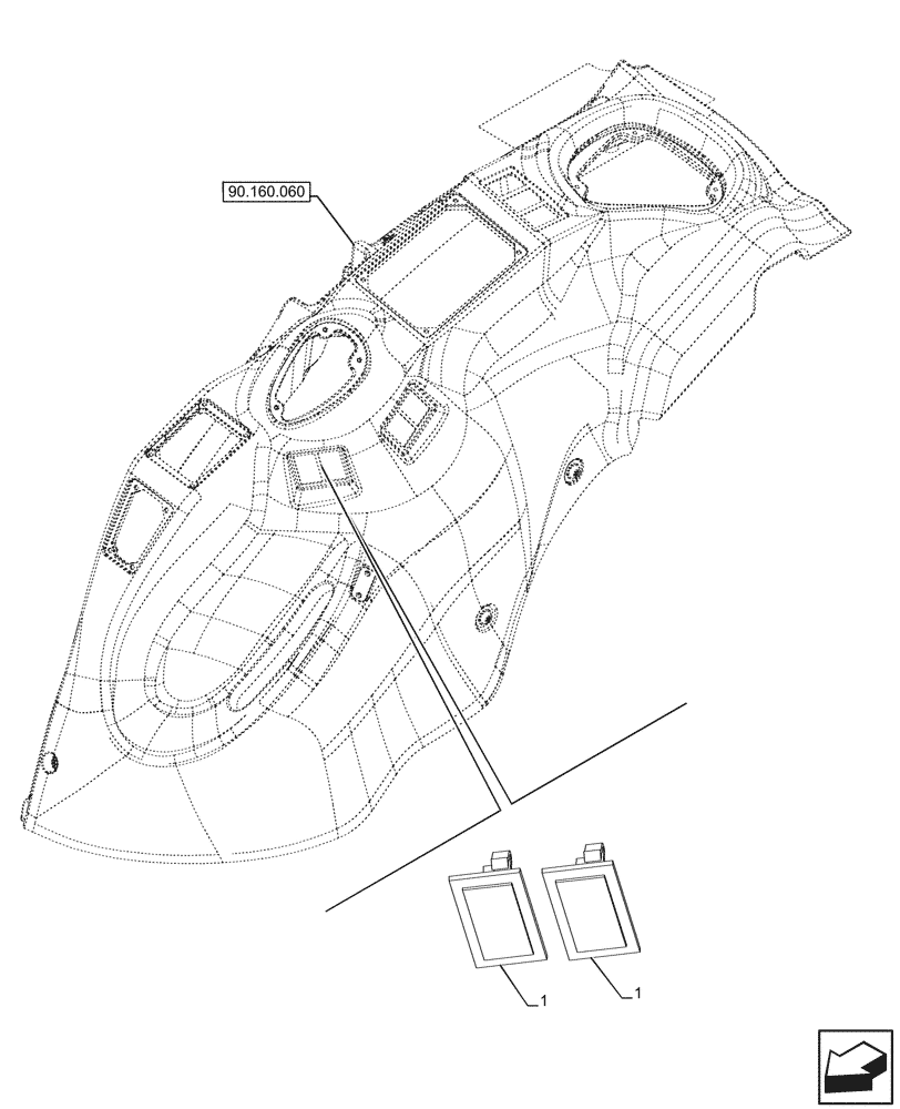 Схема запчастей Case IH FARMALL 110CL - (90.160.210) - VAR - 743915 - TRIM, PANEL, RH, PLUG (90) - PLATFORM, CAB, BODYWORK AND DECALS