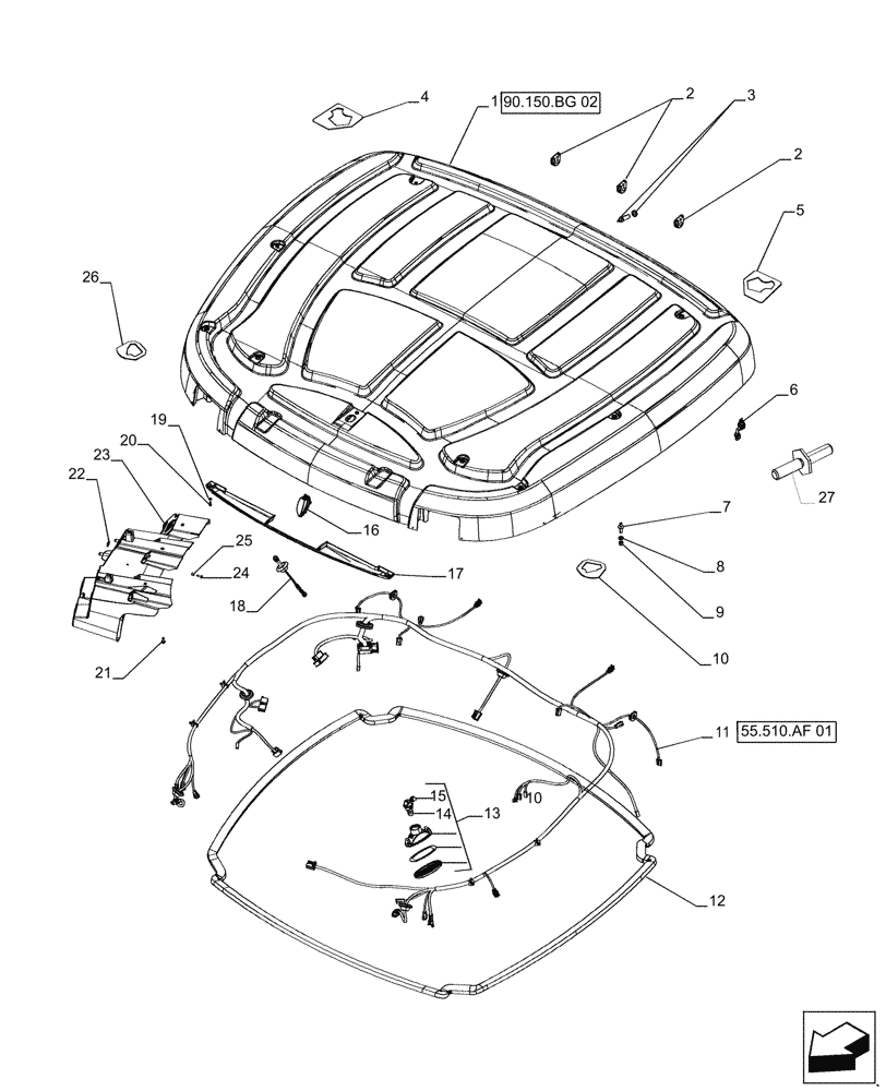 Схема запчастей Case IH PUMA 215 - (90.150.BG[01]) - EEAA ROOF WITH HIGH PROFILE LESS HIGH VISIBILITY PANEL - ROOF (90) - PLATFORM, CAB, BODYWORK AND DECALS