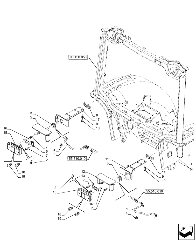 Схема запчастей Case IH FARMALL 110CL - (55.404.260) - VAR - 744478 - REAR LIGHT, SUPPORT, CAB (55) - ELECTRICAL SYSTEMS