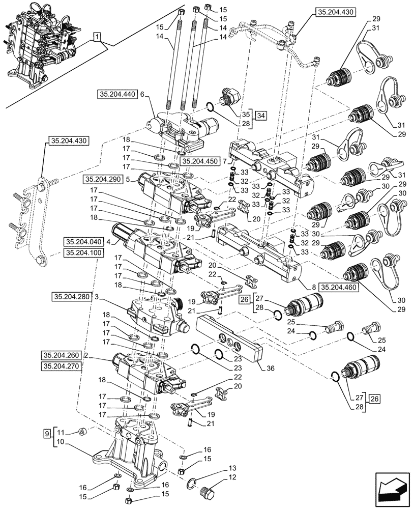 Схема запчастей Case IH FARMALL 90CL - (35.204.420) - VAR - 759024 - 3 REMOTE CONTROL VALVES, W/ DIVERTER, COMPONENTS (MDC) (35) - HYDRAULIC SYSTEMS