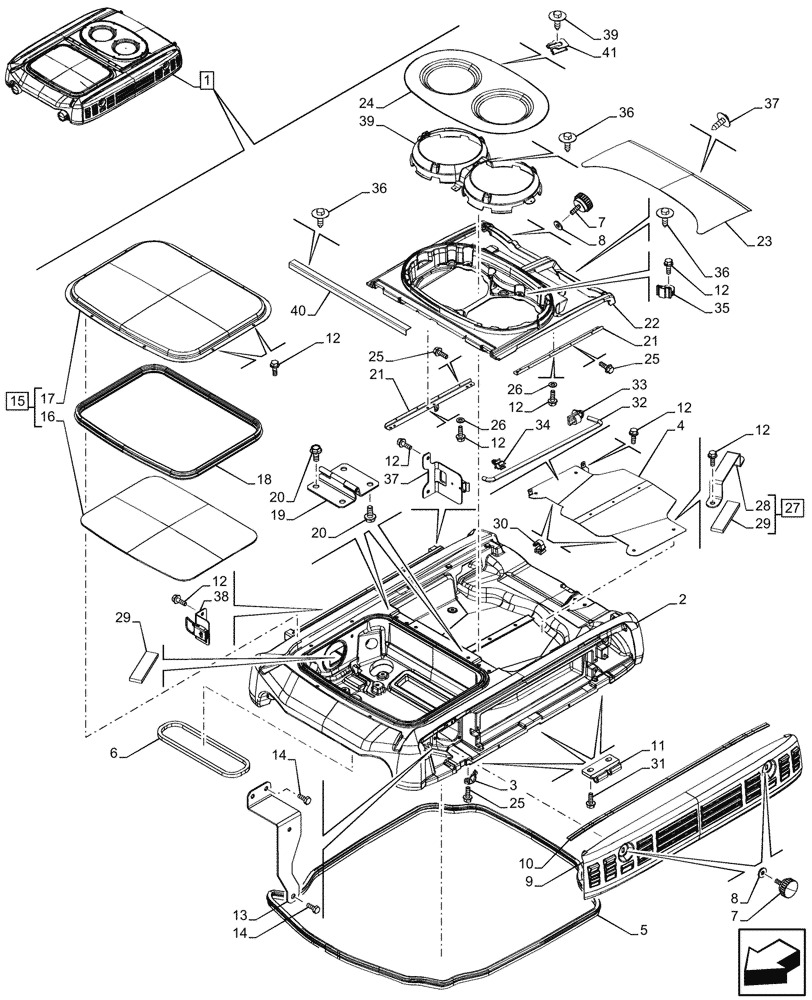 Схема запчастей Case IH FARMALL 110CL - (90.150.110) - VAR - 759033 - ROOF, W/ SUPER ECO CAB, COMPONENTS, CAB (90) - PLATFORM, CAB, BODYWORK AND DECALS