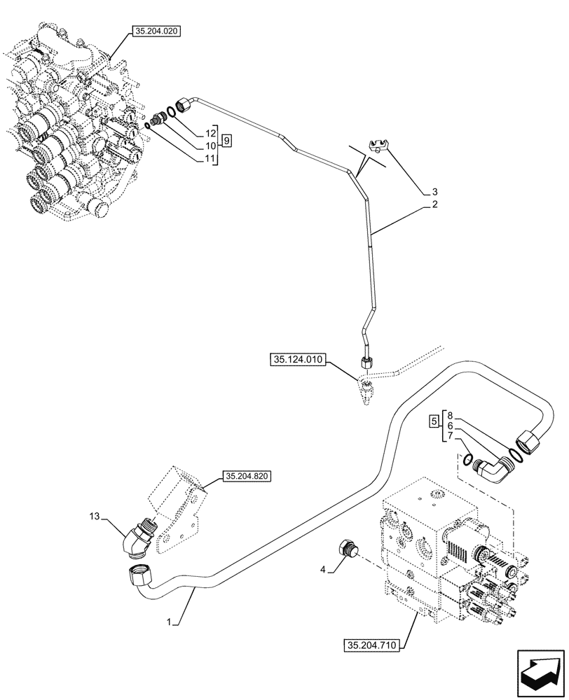 Схема запчастей Case IH FARMALL 110CL - (35.204.810) - VAR - 743915 - DELIVERY PIPE, W/O MID-MOUNT CONTROL VALVE, W/O TRAILER BRAKE, 80LPM, CAB (35) - HYDRAULIC SYSTEMS