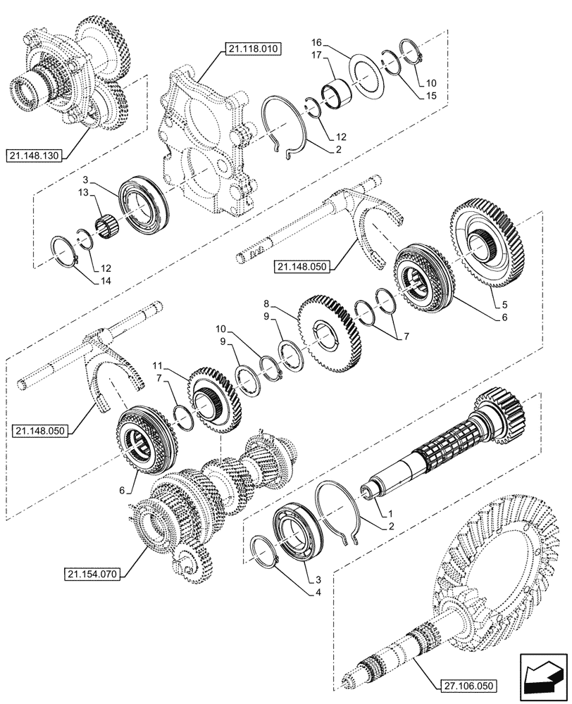 Схема запчастей Case IH FARMALL 80CL - (21.154.080) - VAR - 330273 - TRANSMISSION, GEARS & SHAFT, HI-LO (21) - TRANSMISSION