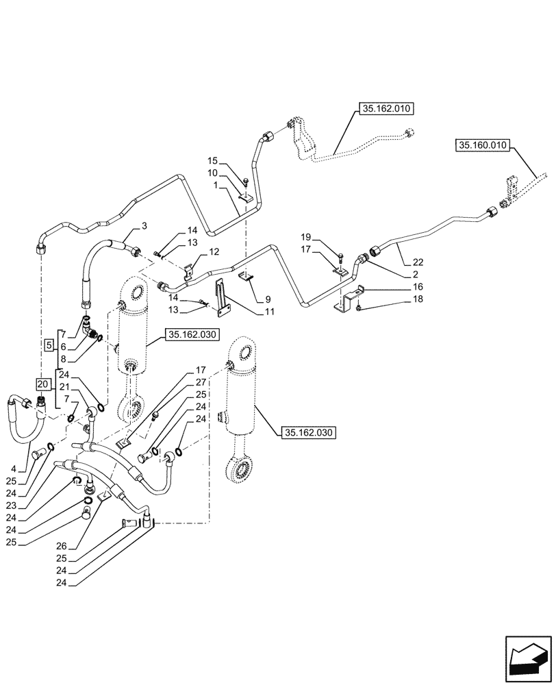 Схема запчастей Case IH FARMALL 90CL - (35.162.020) - VAR - 743522, 759019 - LINES, CYLINDER, HYDRAULIC LIFT, 4WD (35) - HYDRAULIC SYSTEMS