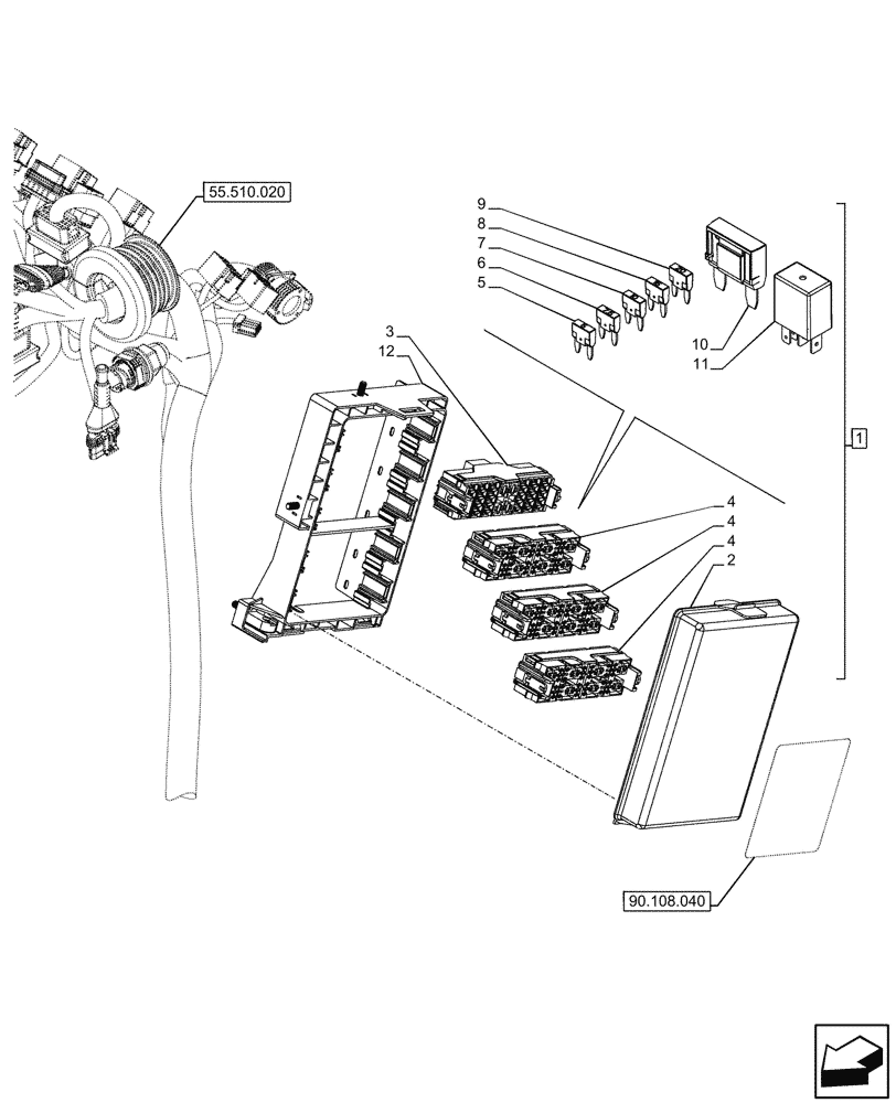 Схема запчастей Case IH FARMALL 90CL - (55.100.020) - FUSE BOX, 4WD, W/O CAB (55) - ELECTRICAL SYSTEMS