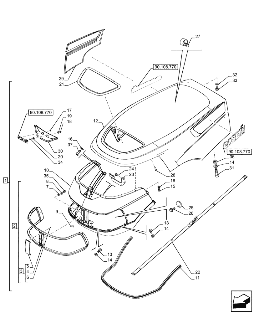 Схема запчастей Case IH FARMALL 110CL - (90.100.010) - VAR - 759028, 759029, 759031, 759033 - HOOD (90) - PLATFORM, CAB, BODYWORK AND DECALS