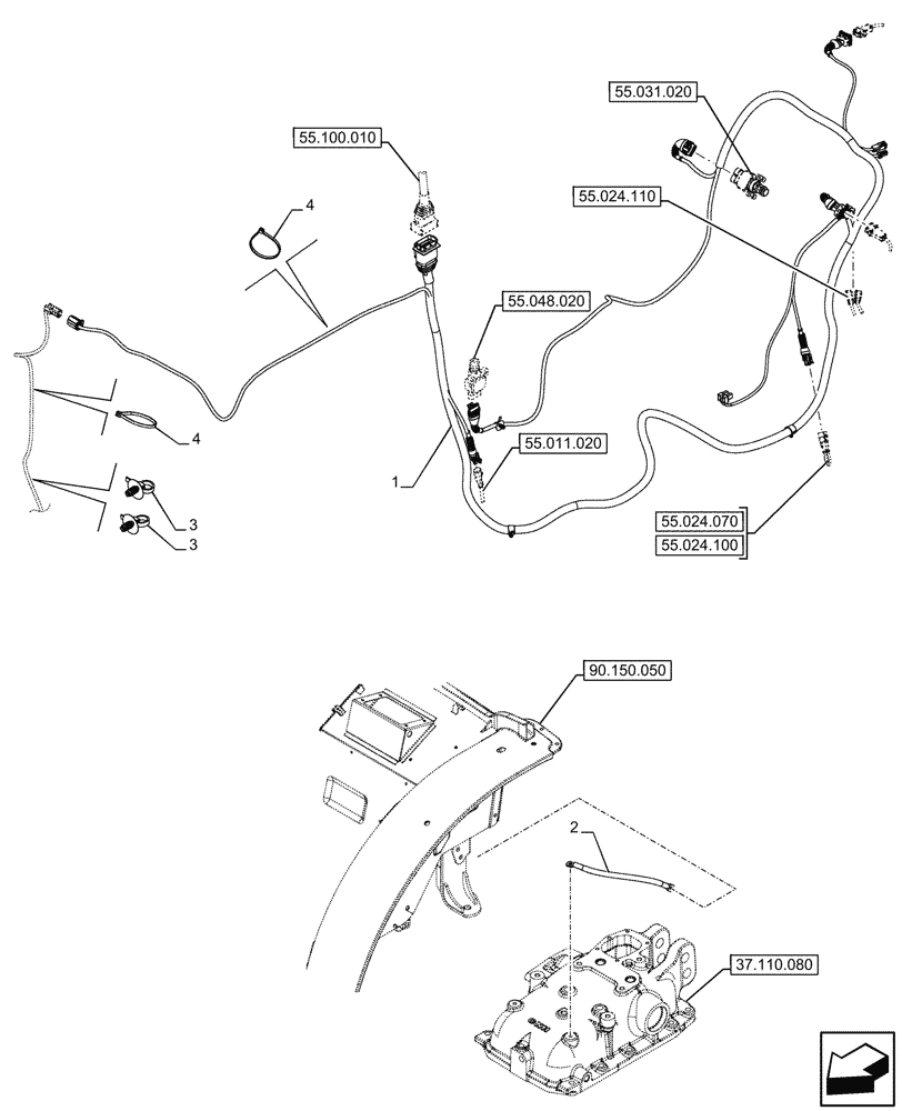 Схема запчастей Case IH FARMALL 110CL - (55.024.030) - TRANSMISSION, MAIN HARNESS, CAB, CCLS (EDC) ELECTRONIC CONTROL VALVE, EHR CONTROL VALVES (55) - ELECTRICAL SYSTEMS