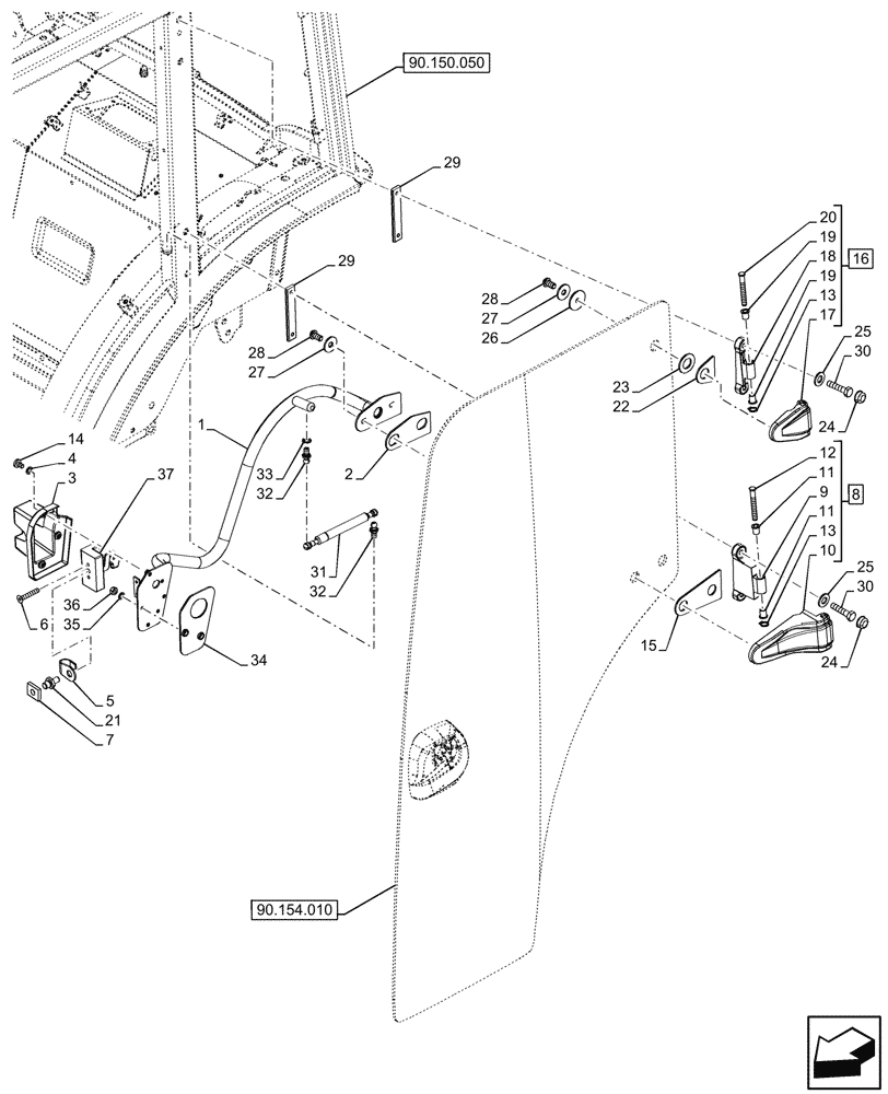 Схема запчастей Case IH FARMALL 110CL - (90.154.020) - VAR - 759031, 759033 - DOOR HANDLE, GLASS, SEAL, CAB (90) - PLATFORM, CAB, BODYWORK AND DECALS