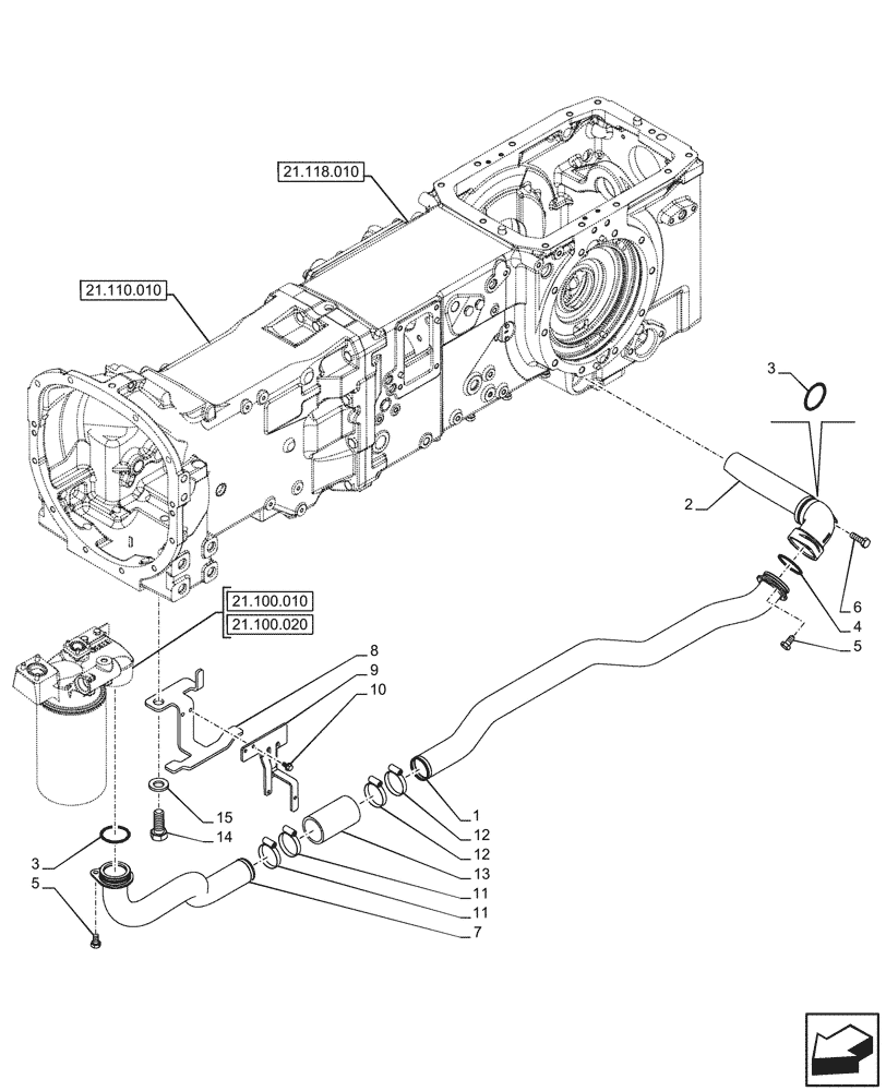 Схема запчастей Case IH FARMALL 110CL - (21.100.040) - VAR - 759011 - TRANSMISSION OIL, SUCTION PIPE, 80L/MIN, MECHANICAL, TRANSMISSION (21) - TRANSMISSION