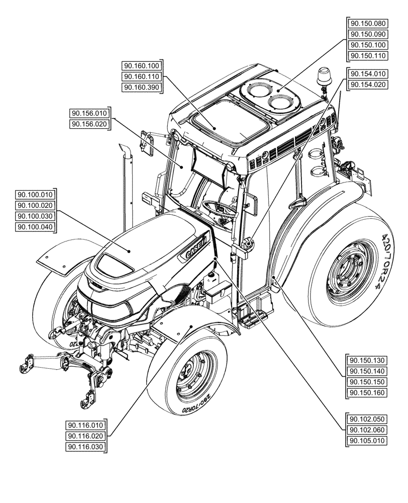 Схема запчастей Case IH FARMALL 100CL - (90.000.00[02]) - SECTION INDEX - PLATFORM, CAB, BODYWORK & DECALS (90) - PLATFORM, CAB, BODYWORK AND DECALS