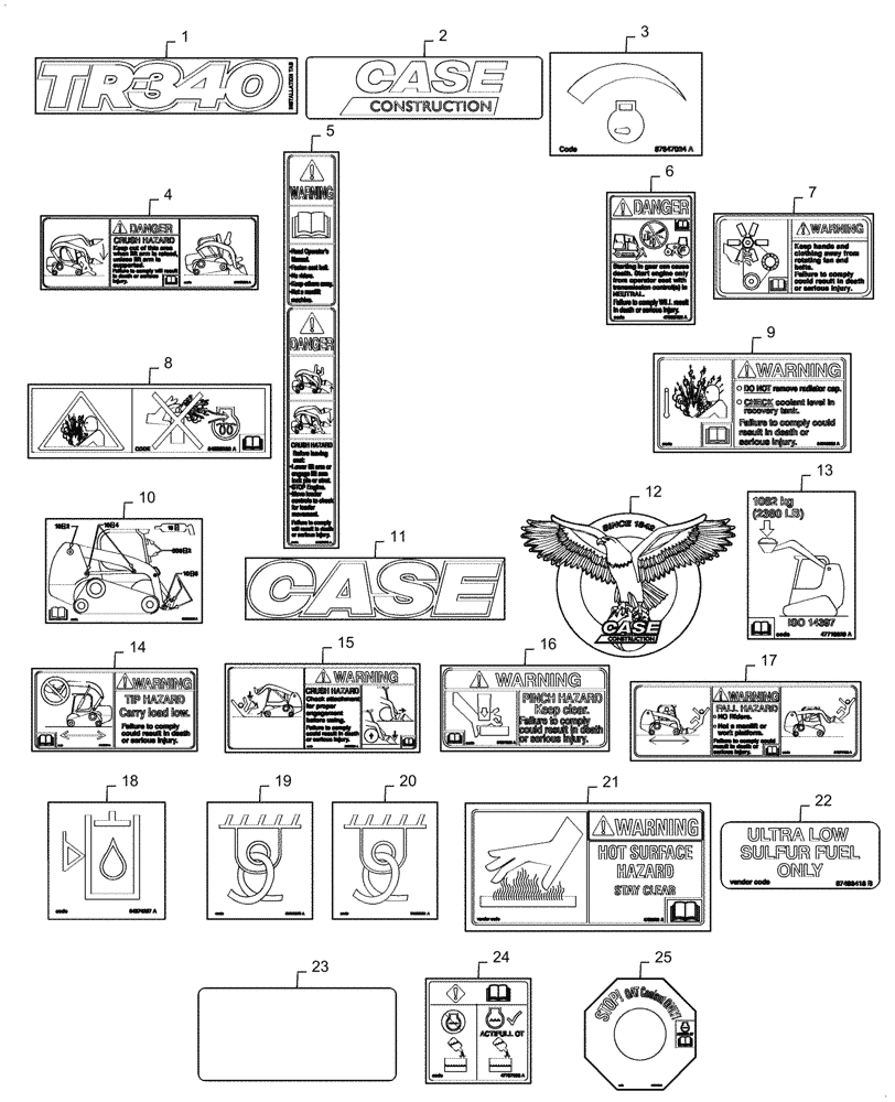 Схема запчастей Case IH TR340 - (90.108.020[01]) - DECALS (90) - PLATFORM, CAB, BODYWORK AND DECALS