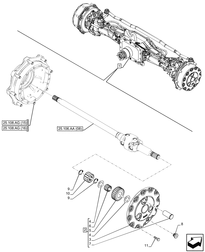 Схема запчастей Case IH PUMA 185 CVT - (25.108.AB[03]) - VAR - 758049 - SUSPENDED FRONT AXLE, W/ FRONT BRAKES, PLANETARY GEAR (25) - FRONT AXLE SYSTEM