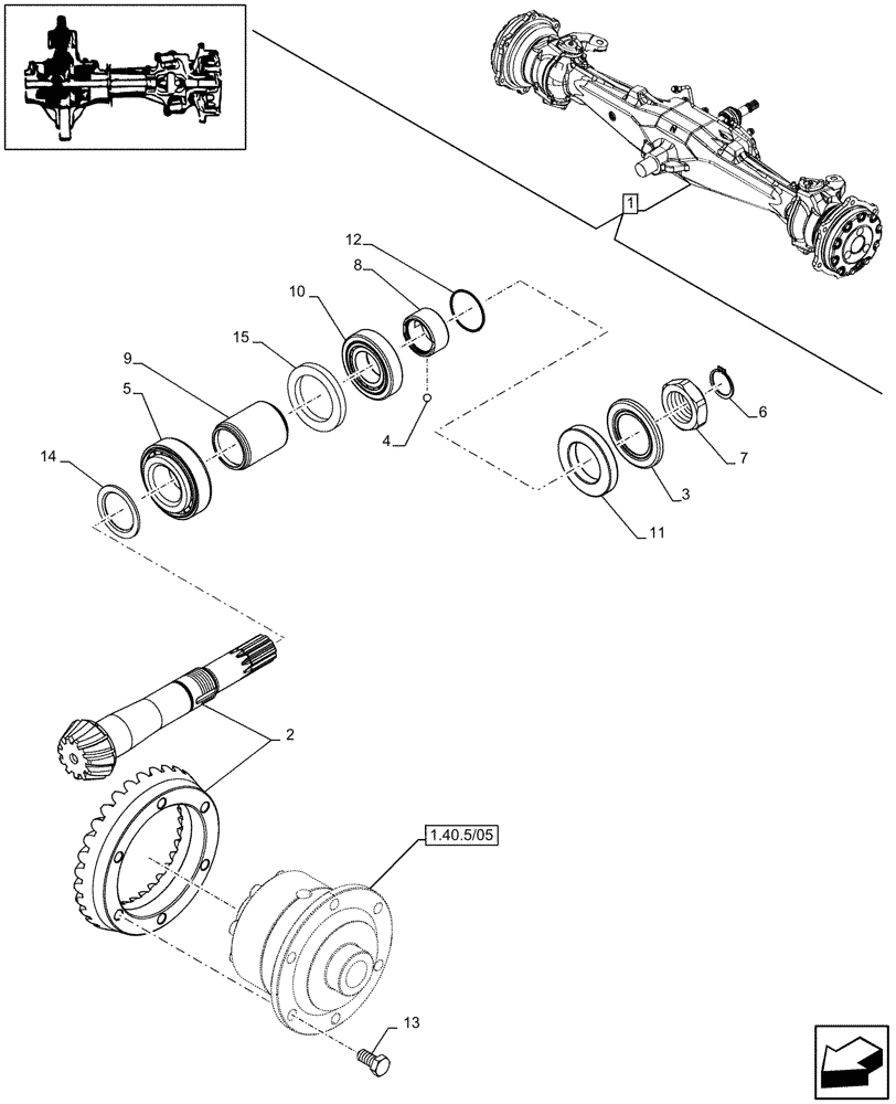 Схема запчастей Case IH JX95 - (1.40.5/04) - 4WD FRONT AXLE, DIFFERENTIAL, BEVEL GEAR - FOR HIGH CLEARENCE VERSION (04) - FRONT AXLE & STEERING