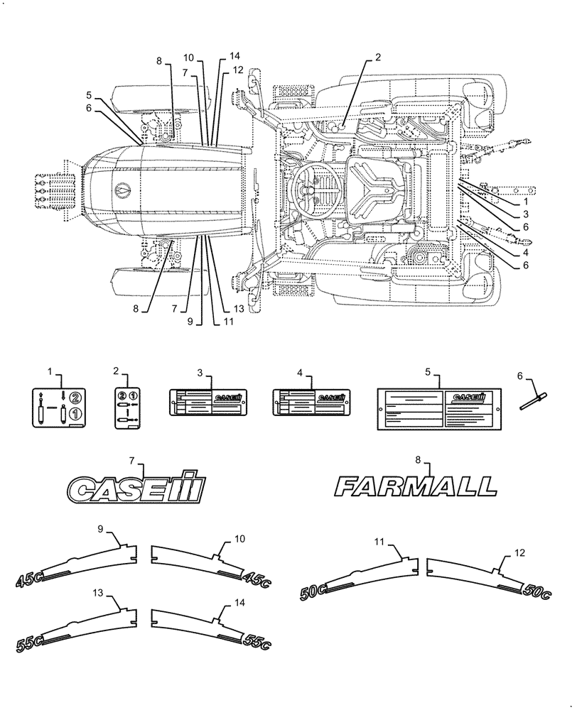 Схема запчастей Case IH FARMALL 45C - (90.108.020) - MODEL, DECALS (90) - PLATFORM, CAB, BODYWORK AND DECALS
