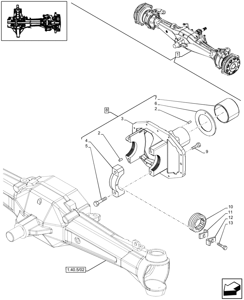 Схема запчастей Case IH JX95 - (1.40.5/03) - 4WD FRONT AXLE, DIFFERENTIAL, SUPPORT - FOR HIGH CLEARENCE VERSION (04) - FRONT AXLE & STEERING