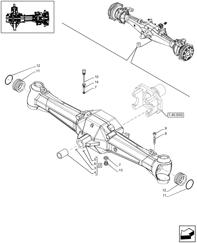 Схема запчастей Case IH JX95 - (1.40.5/02) - 4WD FRONT AXLE, HOUSING - FOR HIGH CLEARENCE VERSION (04) - FRONT AXLE & STEERING