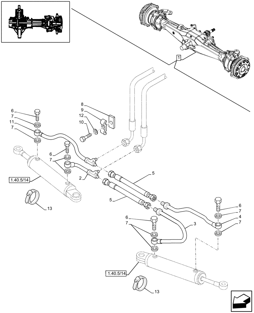 Схема запчастей Case IH JX95 - (1.40.5/13) - 4WD FRONT AXLE, STEERING CYLINDER HYD. LINE - FOR HIGH CLEARENCE VERSION (04) - FRONT AXLE & STEERING