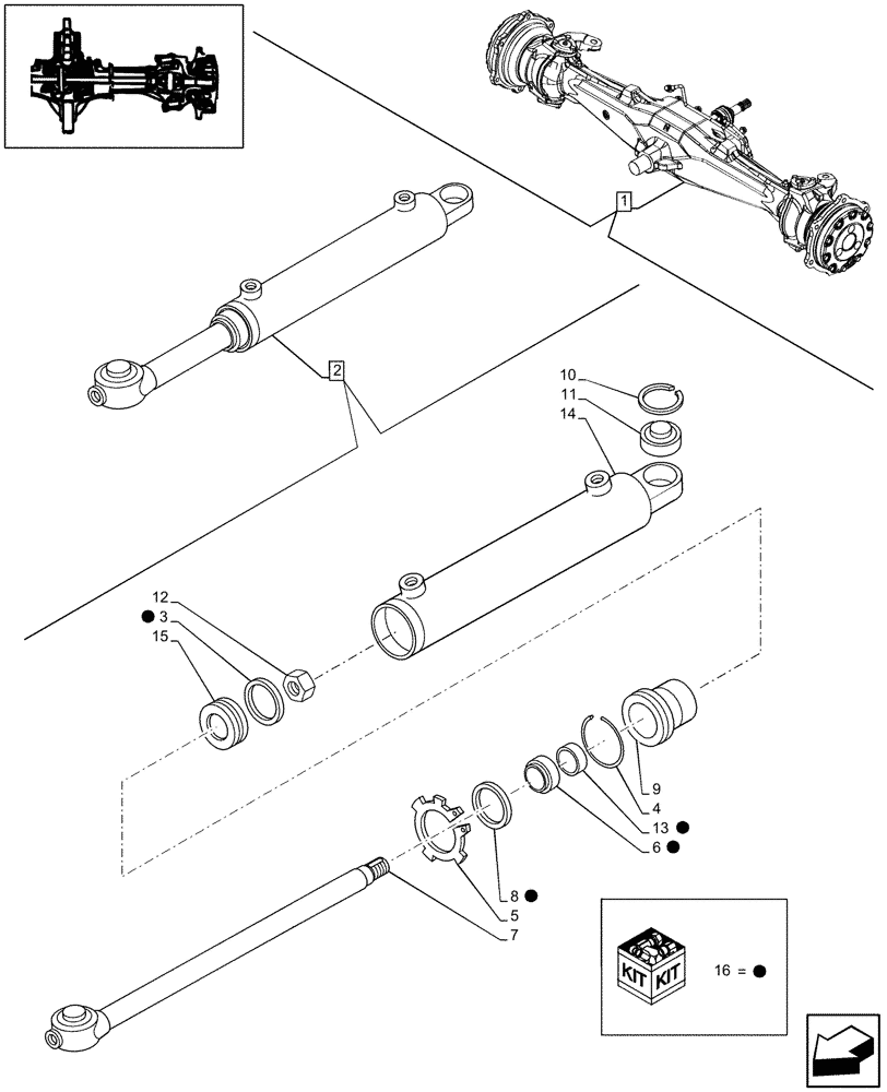 Схема запчастей Case IH JX95 - (1.40.5/15) - 4WD FRONT AXLE, STEERING CYLINDER, COMPONENTS - FOR HIGH CLEARENCE VERSION (04) - FRONT AXLE & STEERING