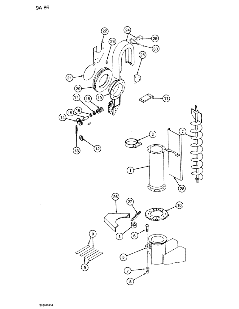 Схема запчастей Case IH 1350 - (9A-086) - DISCHARGE AUGER, WITH HYDRAULIC CONTROL, SWING AND RAISE MOTORS, 1250 MACHINES, PRIOR TO P.I.N. 7001 (09) - CHASSIS ATTACHMENTS