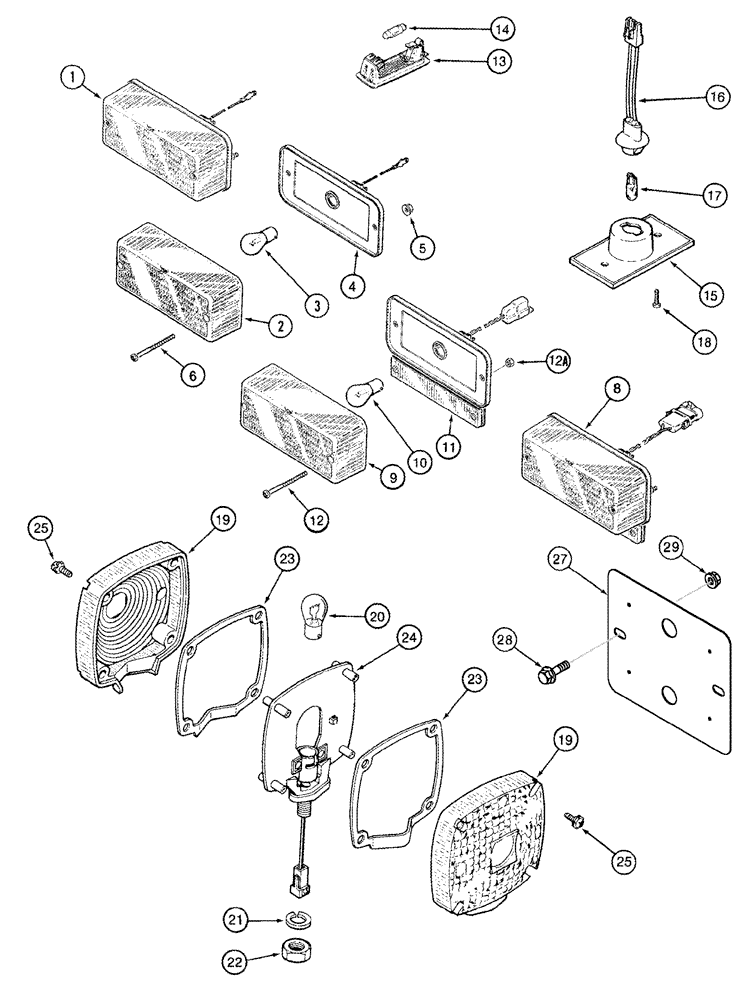 Схема запчастей Case IH 620 - (04-24) - LAMP ASSEMBLIES - WARNING, STOP-TAIL, DOME AND CONSOLE - MODEL YEAR 2008 AND PRIOR (06) - ELECTRICAL SYSTEMS