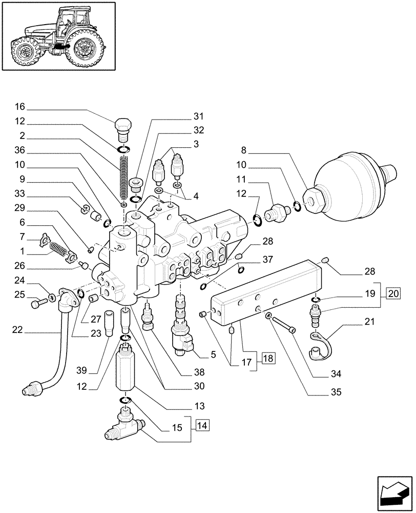 Схема запчастей Case IH JX100U - (1.33.2/08[02]) - (VAR.275-279) POWER SHUTTLE - HI-LO - 30-40 KMH - HYDRAULIC PTO - VALVE SUPPORT (04) - FRONT AXLE & STEERING