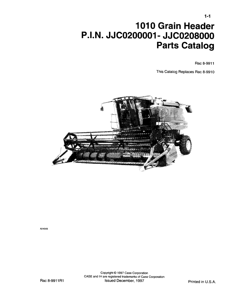 Схема запчастей Case IH 1010 - (1-01) - 1010 GRAIN HEADER, P.I.N. JJC0200001 AND AFTER (00) - GENERAL & PICTORIAL INDEX