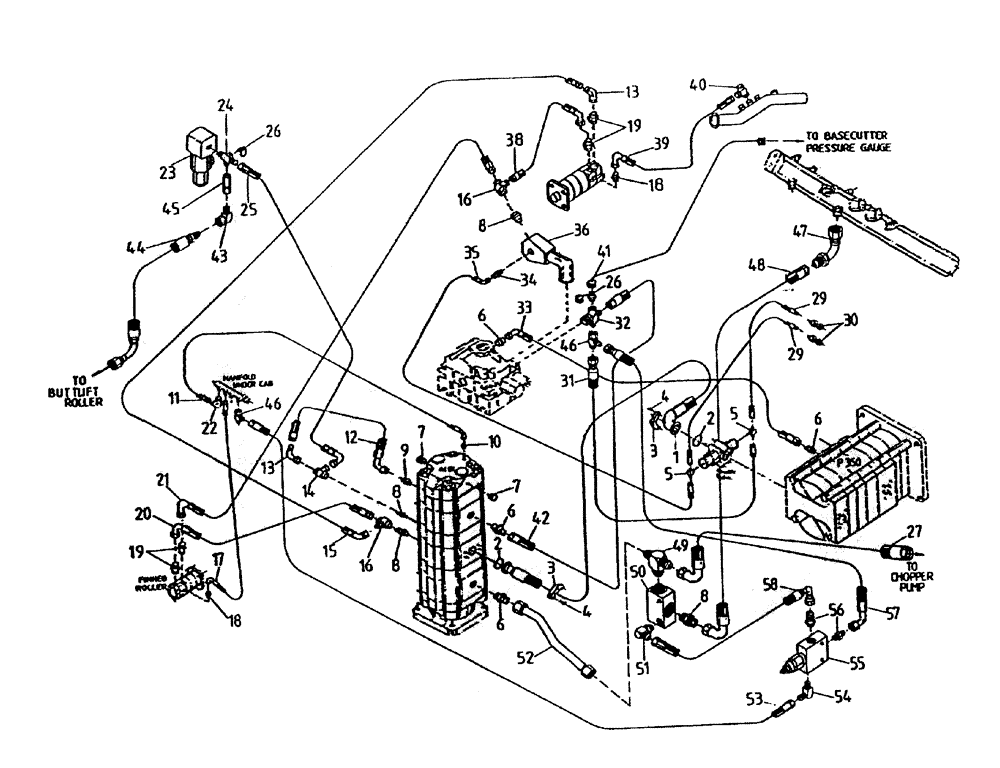 Схема запчастей Case IH 7700 - (B05-45A) - HYDRAULIC CIRCUIT, (FINNED ROLLER - LEG BASECUTTER), SERIAL Hydraulic Components & Circuits