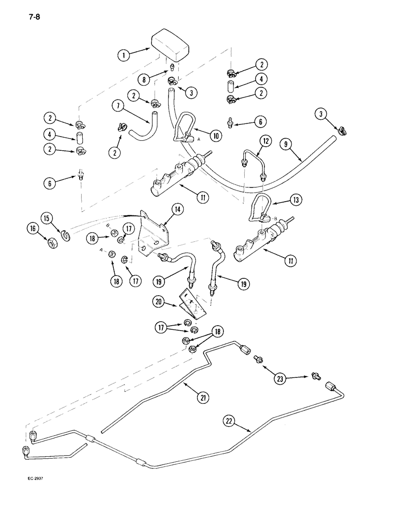 Схема запчастей Case IH 995 - (7-08) - BRAKE RESERVOIR AND PIPES, TRACTOR WITH CAB (07) - BRAKES