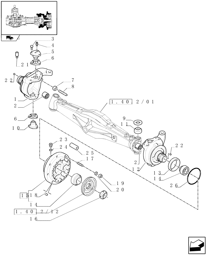 Схема запчастей Case IH FARMALL 105U - (1.40.2/02) - FRONT AXLE WITH DIFFERENTIAL LOCK AND BRAKES - STEERING KNUCKLE AND HUBS (VAR.330415) (04) - FRONT AXLE & STEERING