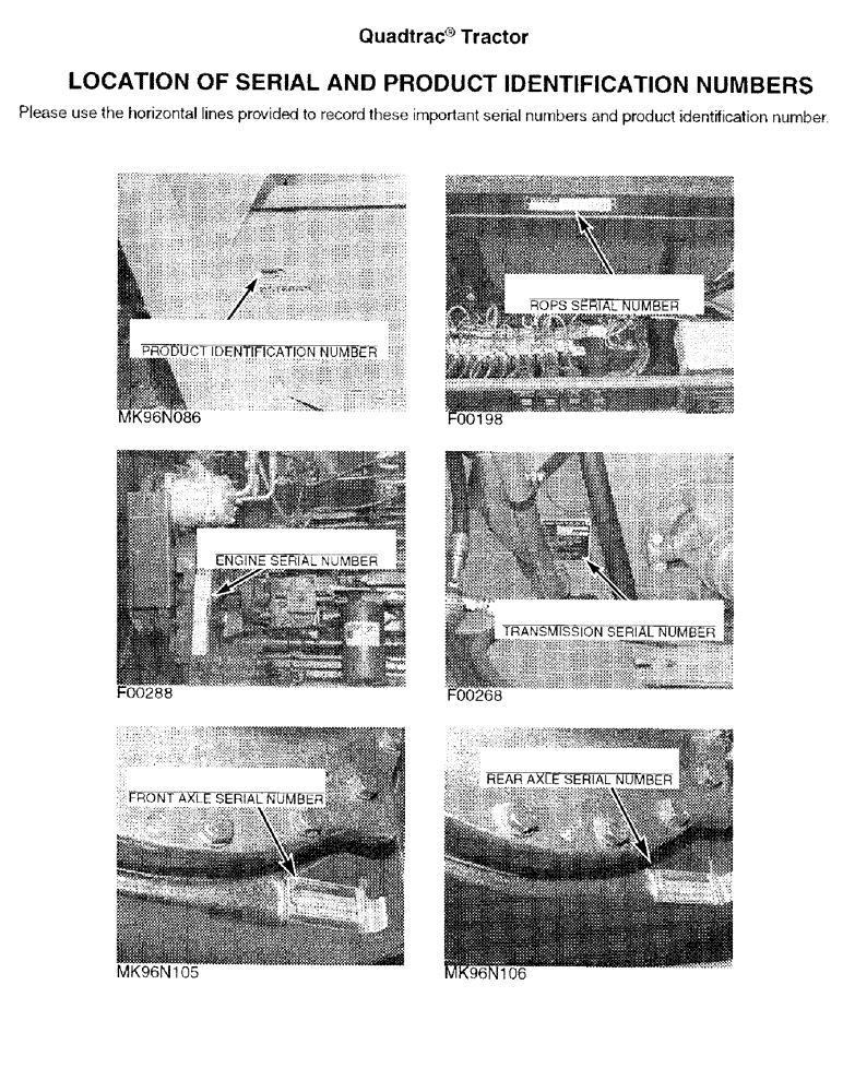 Схема запчастей Case IH 9370 QUADTRAC - (1-02) - LOCATION OF SERIAL AND PRODUCT IDENTIFICATION NUMBERS (00) - PICTORIAL INDEX
