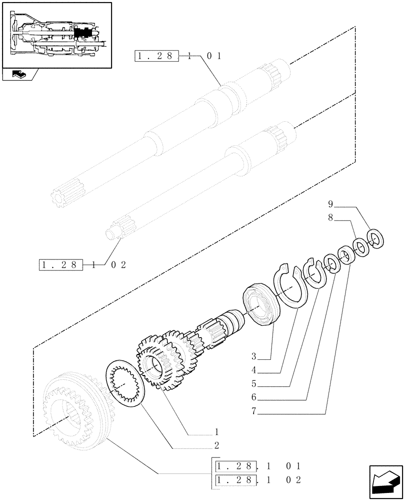 Схема запчастей Case IH FARMALL 95N - (1.28.1[03]) - 16X16 TRANSMISSION - DRIVE GEAR SHAFT (03) - TRANSMISSION