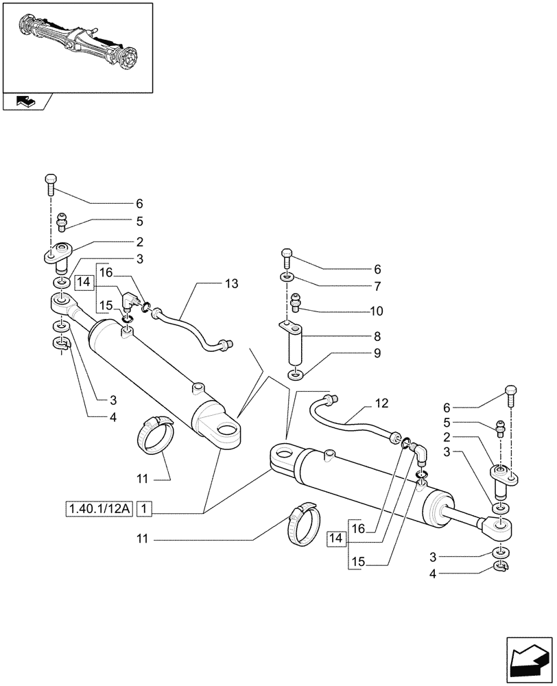 Схема запчастей Case IH PUMA 125 - (1.40. 2/12) - (CL.4) FRONT AXLE W/MULTI-PLATE DIFF.LOCK AND STEERING SENSOR - CYLINDERS (VAR.330408) (04) - FRONT AXLE & STEERING
