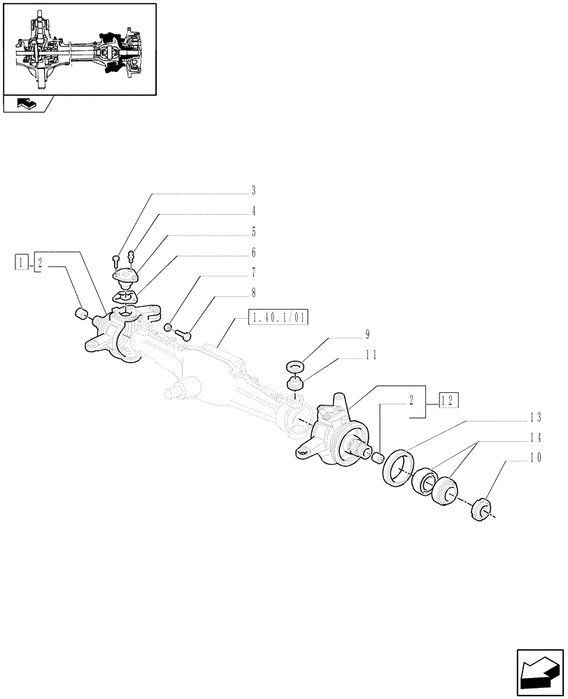 Схема запчастей Case IH FARMALL 80 - (1.40.5/02) - CLASS 2 FRONT AXLE WITH 2ND STEERING CYL. (4OKM/H) - STEERING KNUCKLE (VAR.335540-743908-743552) (04) - FRONT AXLE & STEERING