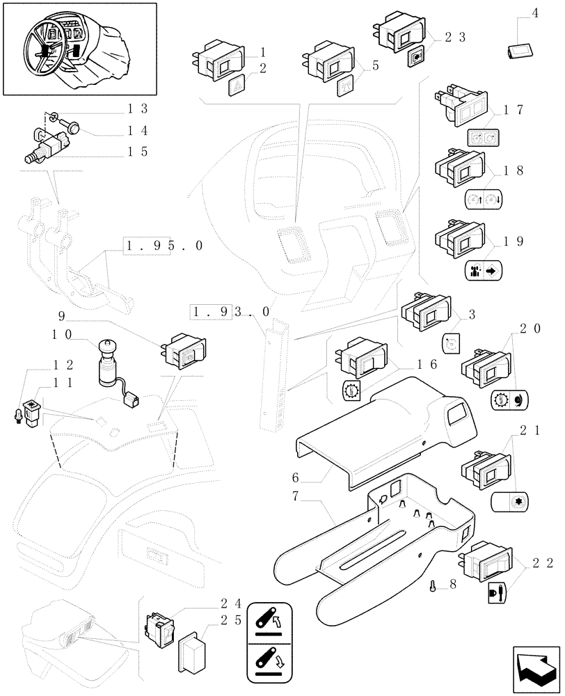Схема запчастей Case IH MXM175 - (1.91.1/01[02]) - INSTRUMENT PANEL SWITCHES (10) - OPERATORS PLATFORM/CAB