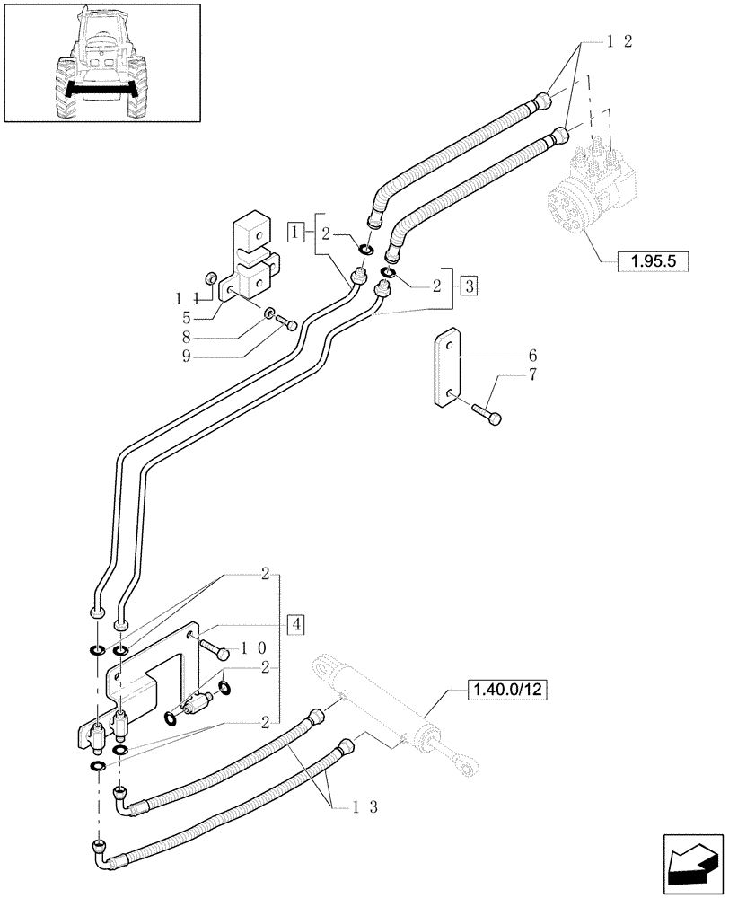 Схема запчастей Case IH MXU110 - (1.42.0[02]) - 4WD STEERING CYLINDER PIPES AND POWER STEERING PIPES (04) - FRONT AXLE & STEERING
