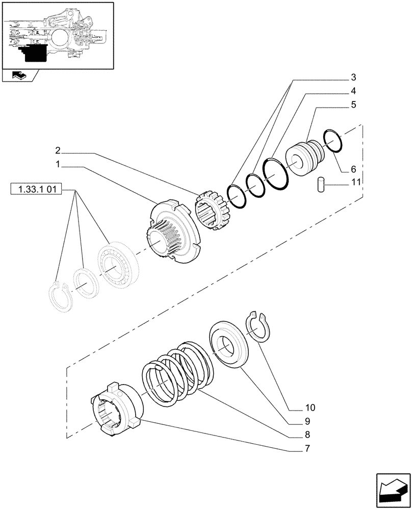 Схема запчастей Case IH FARMALL 105N - (1.33.1[02]) - TRANSMISSION GEARS - 4WD, DRIVEN GEAR AND SLIDING SLEEVE (04) - FRONT AXLE & STEERING