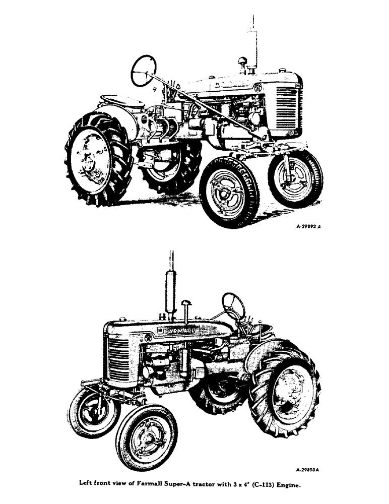 Схема запчастей Case IH SUPER A - (003) - LEFT FRONT VIEW OF FARMALL SUPER-A TRACTOR WITH 3 X 4 INCHES, C-13 ENGINE (00) - GENERAL