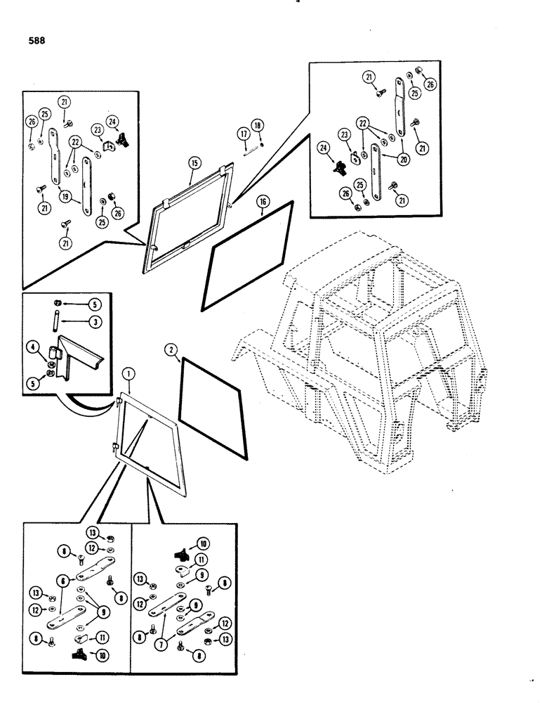 Схема запчастей Case IH 1070 - (0588) - CAB, WINDOWS, USED CAB SERIAL NUMBERS 7821251 TO 7872700 (09) - CHASSIS/ATTACHMENTS
