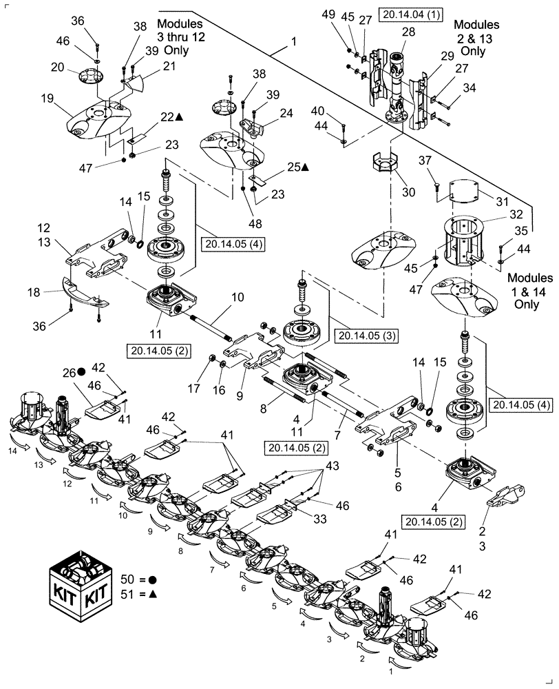 Схема запчастей Case IH RDX181 - (20.14.03[02]) - CUTTERBAR, 14 DISC, SHOCK HUBS, PIN Y7B667799 AND AFTER (14) - CROP CUTTING
