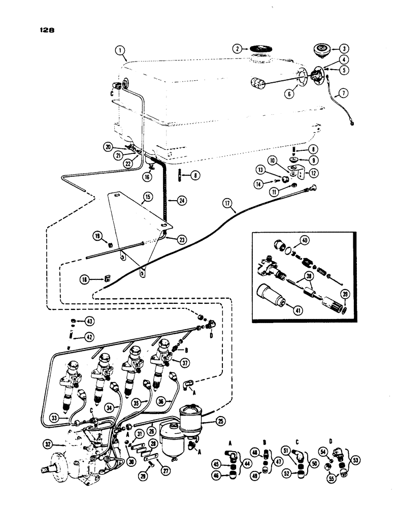 Схема запчастей Case IH 530 - (128) - FUEL SYSTEM, S/N 8212357 AND AFTER, PRIOR TO S/N 8262800, 530 MODEL, 188 DIESEL ENGINE (03) - FUEL SYSTEM