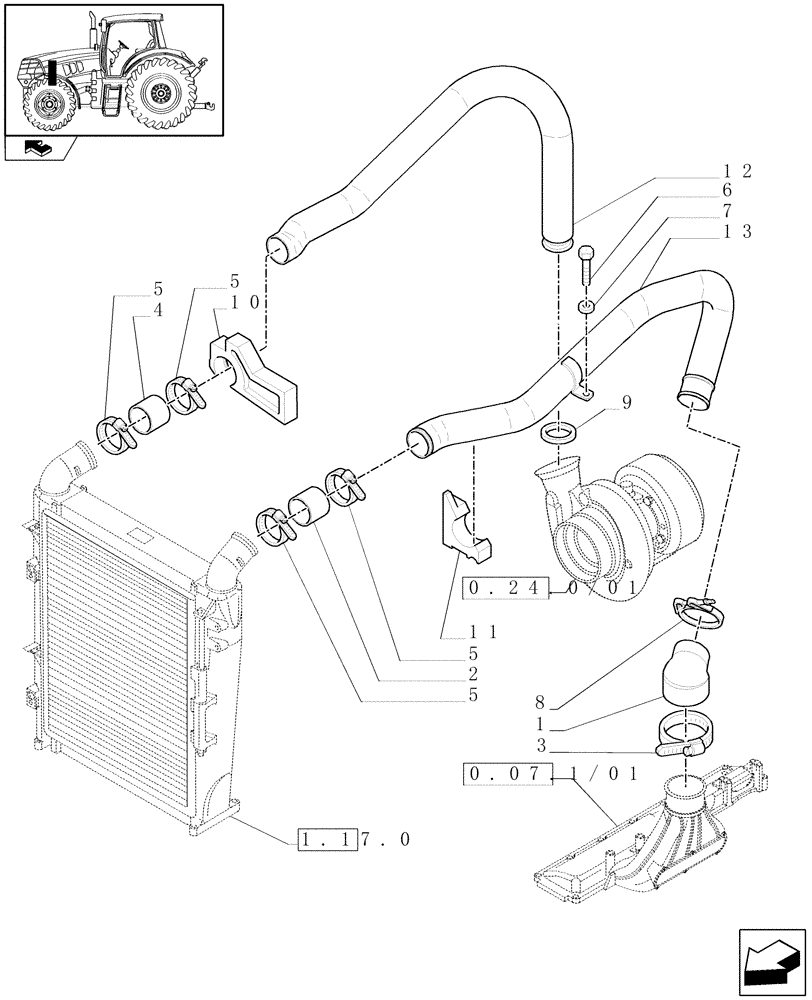 Схема запчастей Case IH MAXXUM 140 - (1.19.6/01) - INTERCOOLER AND CONDENSER - PIPES (02) - ENGINE EQUIPMENT