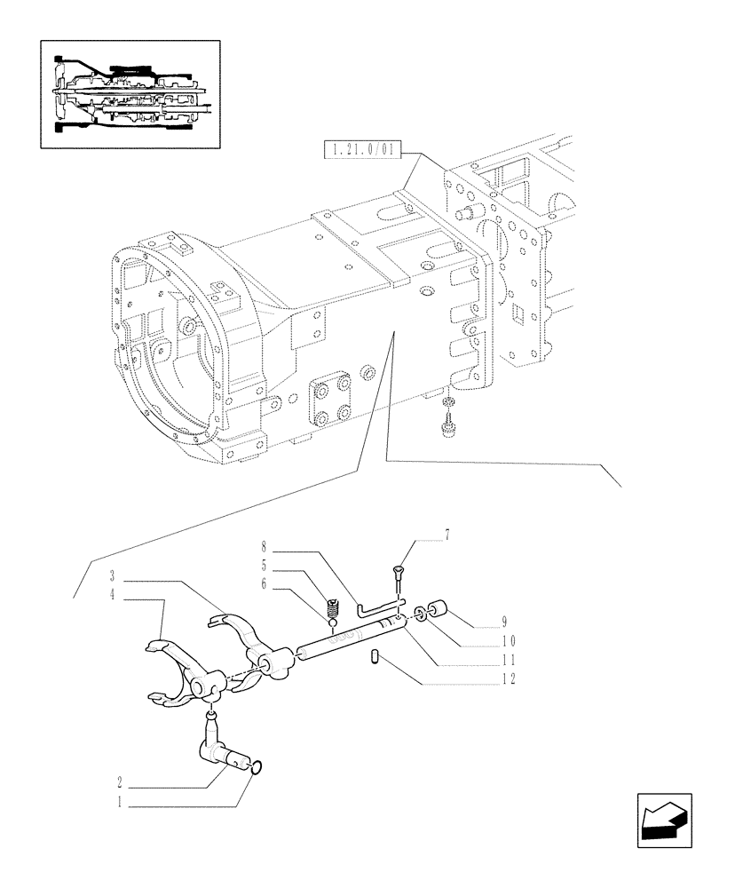 Схема запчастей Case IH JX70 - (1.29.0/01) - (VAR.113-115) 20X12 TRANSMISSION WITH SYNCHRO SHUTTLE AND CREEPER - ROD AND FORK (03) - TRANSMISSION
