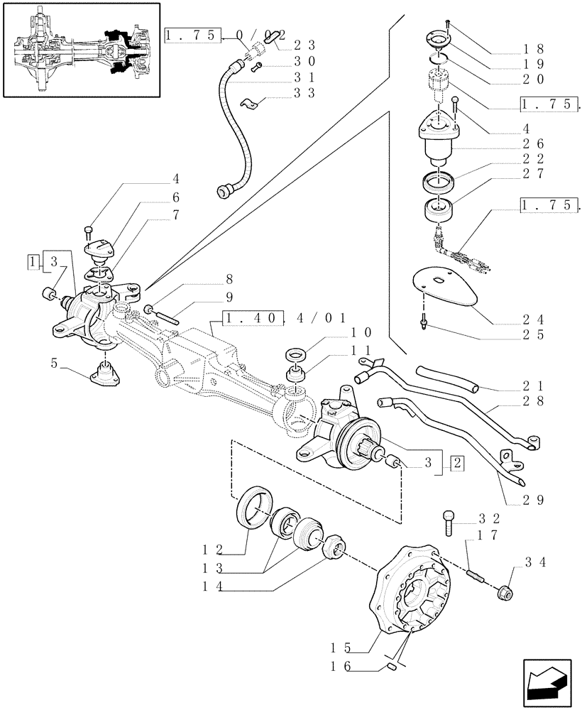 Схема запчастей Case IH MAXXUM 130 - (1.40. 4/02[01]) - (CL.3) SUSPENDED FRONT AXLE W/MULTI-PLATE DIFF. LOCK & STRG SENSOR - STEER. AXLES AND HUBS - C6449 (VAR.330414) (04) - FRONT AXLE & STEERING
