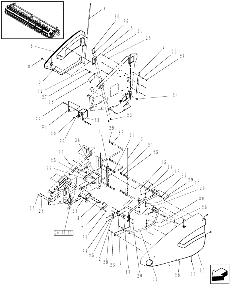 Схема запчастей Case IH 2020 - (20.08.02[2]) - SHIELD ASSEMBLY, SINGLE KNIFE DRIVE, PIN CBJ021301 AND AFTER [KNIFE STORAGE COVERS] (90) - PLATFORM, CAB, BODYWORK AND DECALS