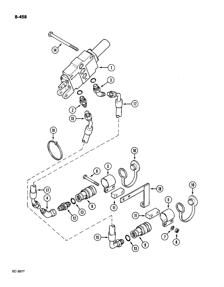 Схема запчастей Case IH 585 - (8-458) - AUXILIARY VALVES COUPLINGS AND PIPES, WITHOUT CAB, 3RD BANK, P.I.N. 18001 AND AFTER (08) - HYDRAULICS