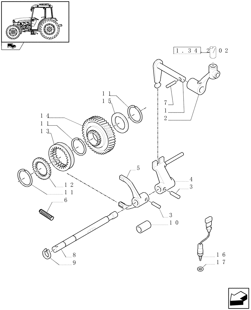Схема запчастей Case IH FARMALL 65C - (1.28.1/04) - 44X16 FOR 32X16 HI-LO AND POWER SHUTTLE - ROD AND FORK (VAR.331111) (03) - TRANSMISSION