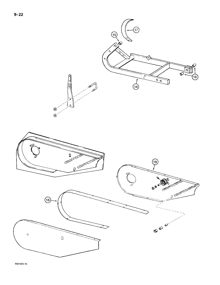 Схема запчастей Case IH 1300 - (9-22) - CUTTER BAR SUPPORT HINGE COUPLING, IDLER PULLEY, AND SHIELDS (09) - CHASSIS/ATTACHMENTS