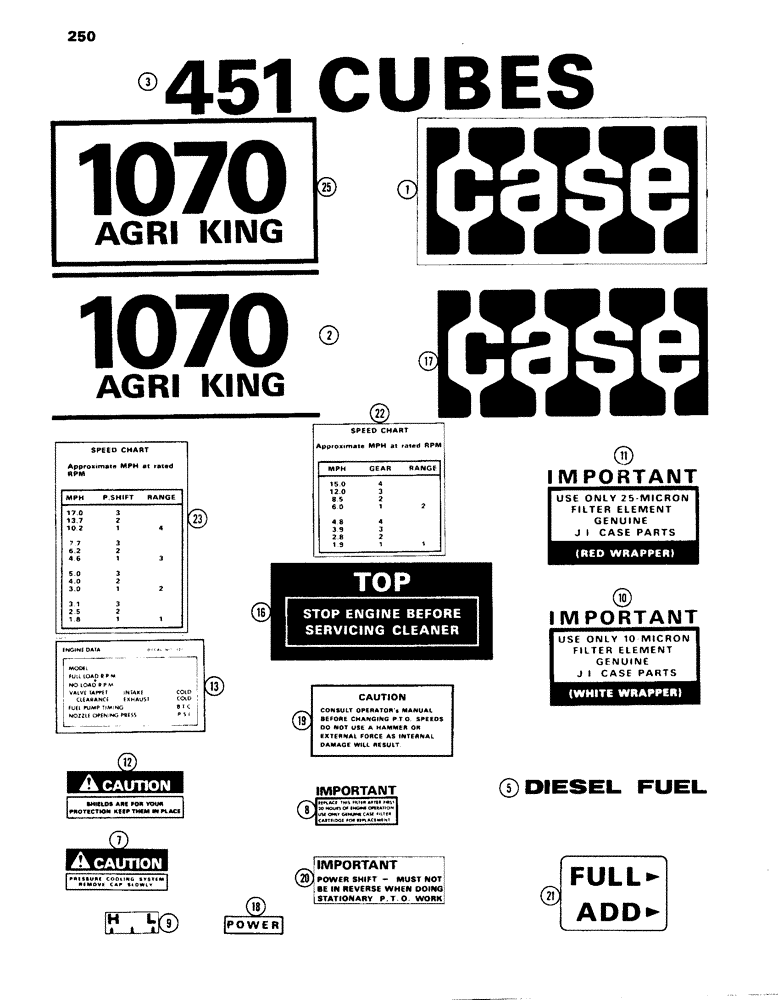 Схема запчастей Case IH 1070 - (250) - DECALS, STANDARD, 1ST USED TRAC. SER. NO. 8675001 (09) - CHASSIS/ATTACHMENTS